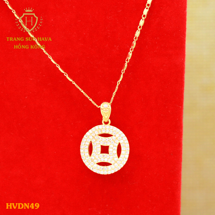 Vòng Cổ, Dây Chuyền Nữ Đồng Tiền May Mắn Đính Đá, Titan Xi Mạ Vàng Non 24k Thật Cao Cấp - Trang Sức Hava Hong Kong