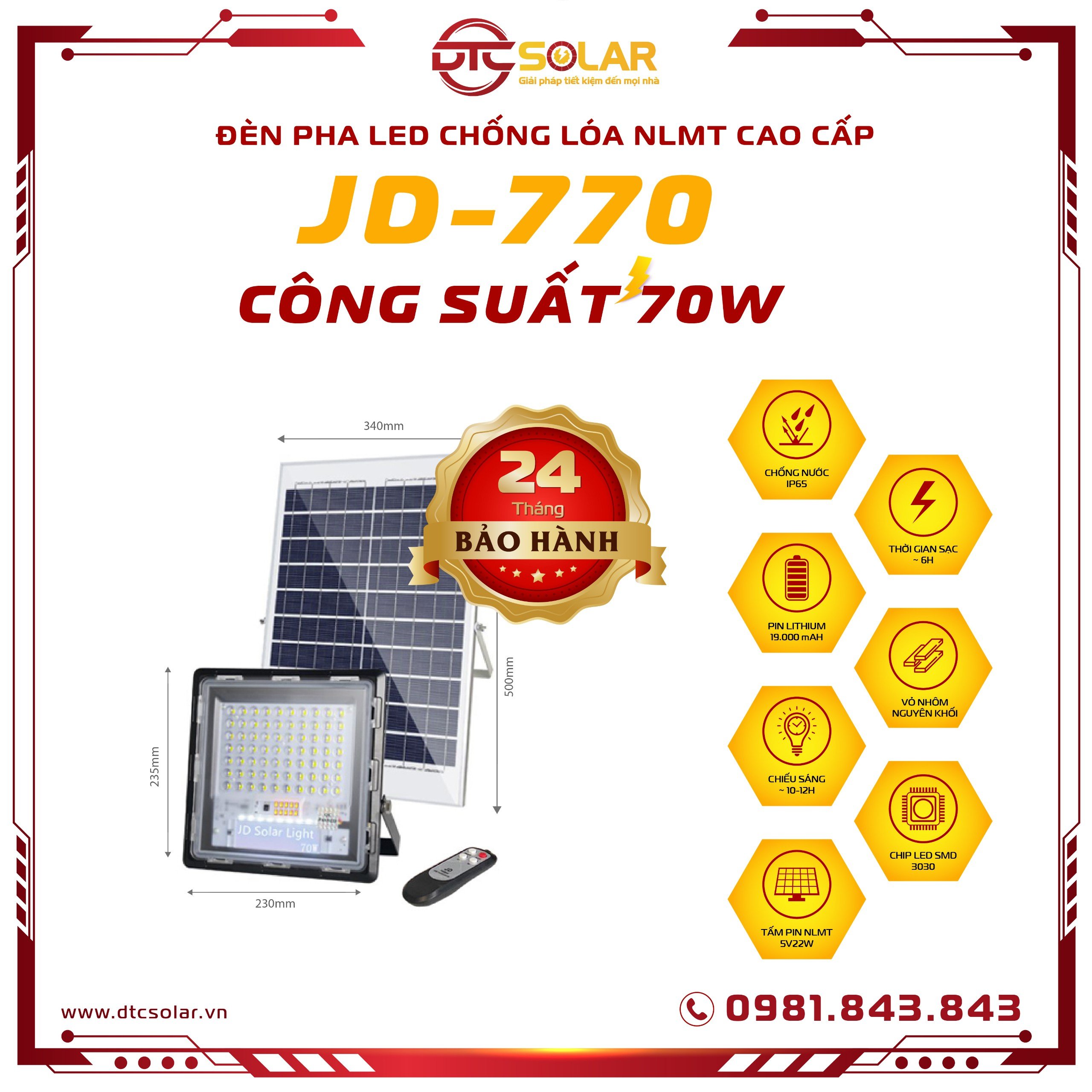 Đèn pha LED chống chói năng lượng mặt trời 70w chính hãng JINDIAN JD-770|Bảo hành 24 tháng|