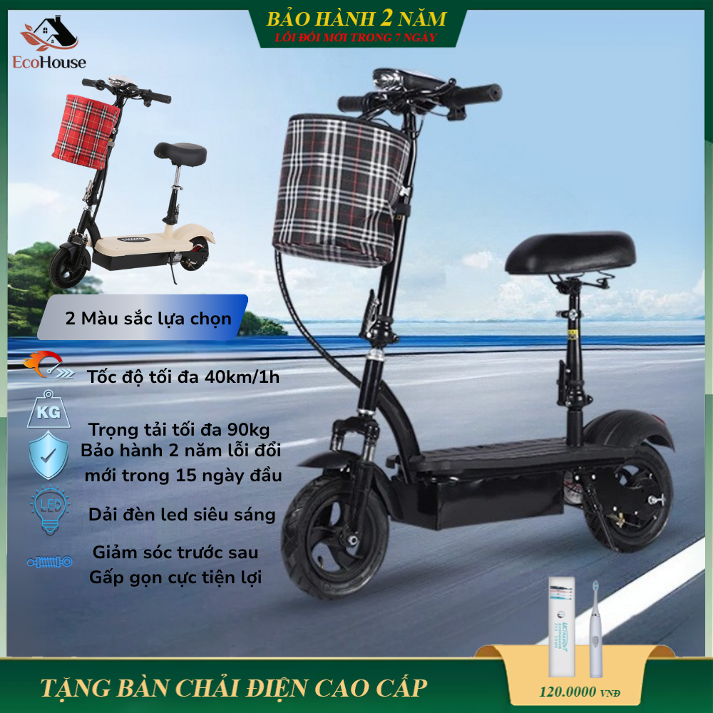 Xe điện mini E SCOOTER phiên bản cao cấp gấp gọn, động cơ 120W, pin 4.5AH / 24V, tải trọng 80kg, tặng kèm giỏ đồ, bảo hành 2 năm, lỗi đổi mới trong 7 ngày đầu nhận hàng