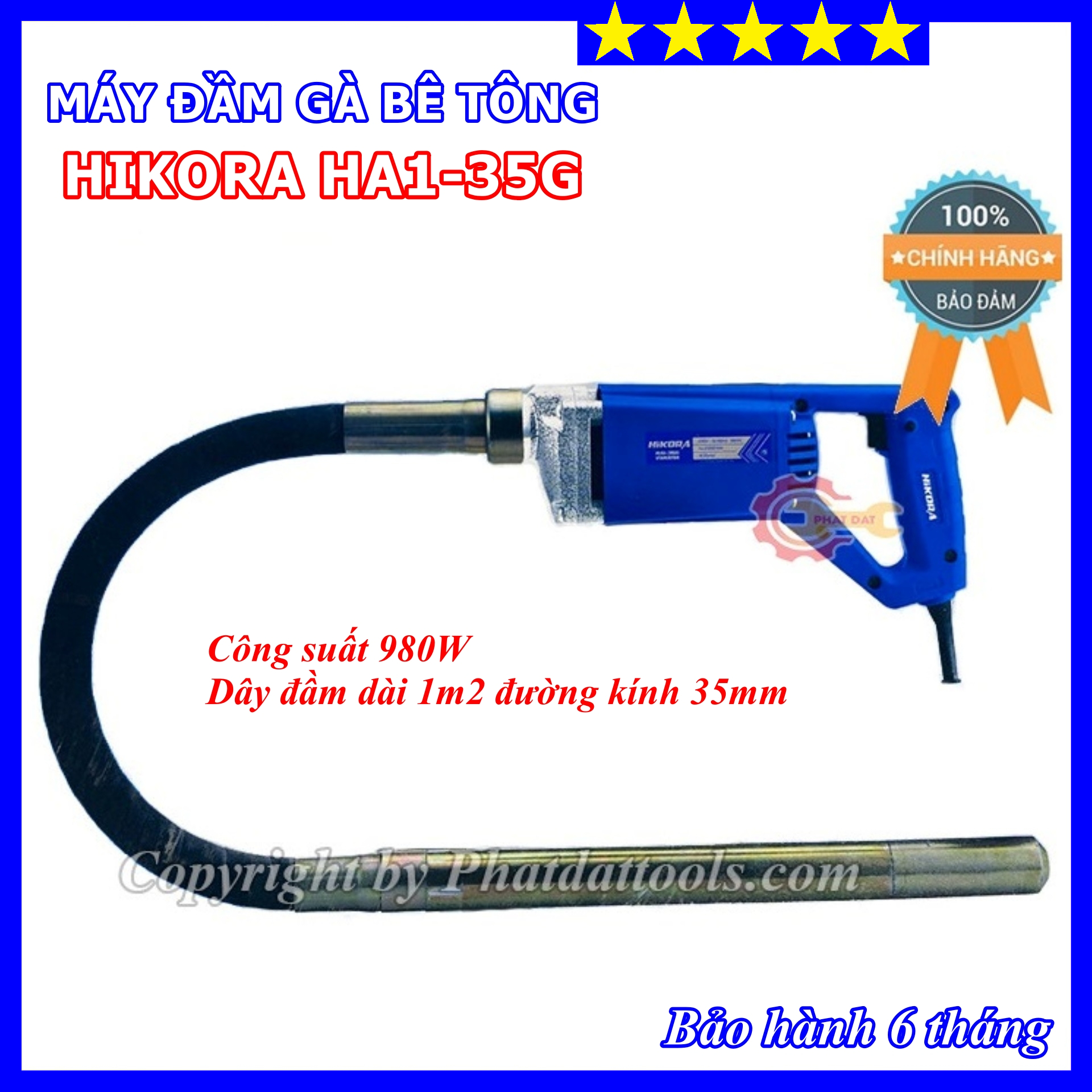 Máy đầm dùi betong cầm tay hikora ha1-35g - công suất 980w - kèm sẵn dây đầm 1m2 - bảo hành 6 tháng