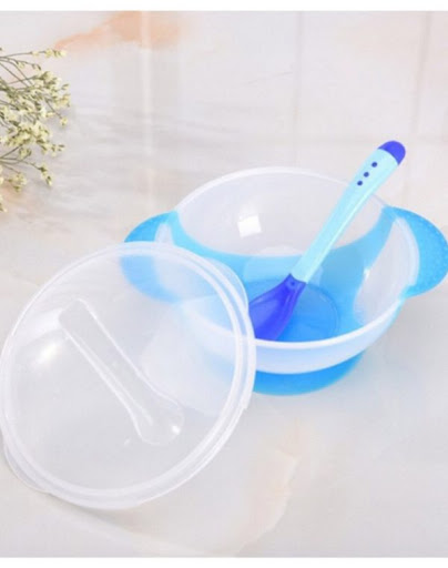 [Ảnh Thật] Bộ Bát Ăn Dặm Chống Đổ Kèm Thìa Báo Nóng