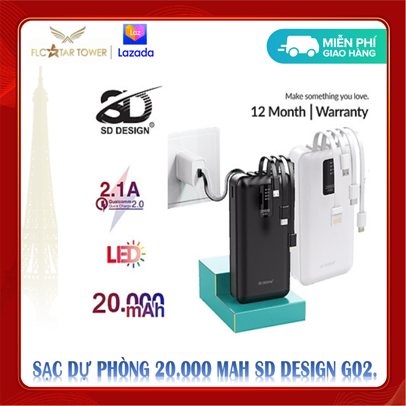 [HCM][Mẫu 2021] Pin Sạc dự phòng G02 chính hãng 20000mAh SD Design kèm 3 dây sạc cáp sạt cổng USB bảo hành 12 tháng