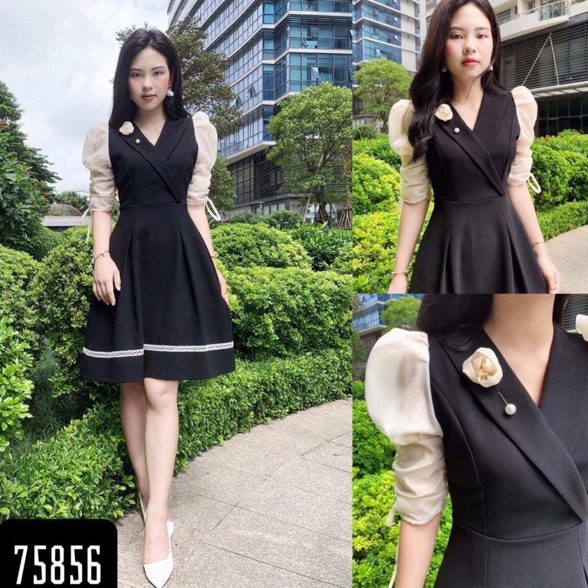 Đầm xòe umi dự tiệc phối viền kèm hoa dễ thương