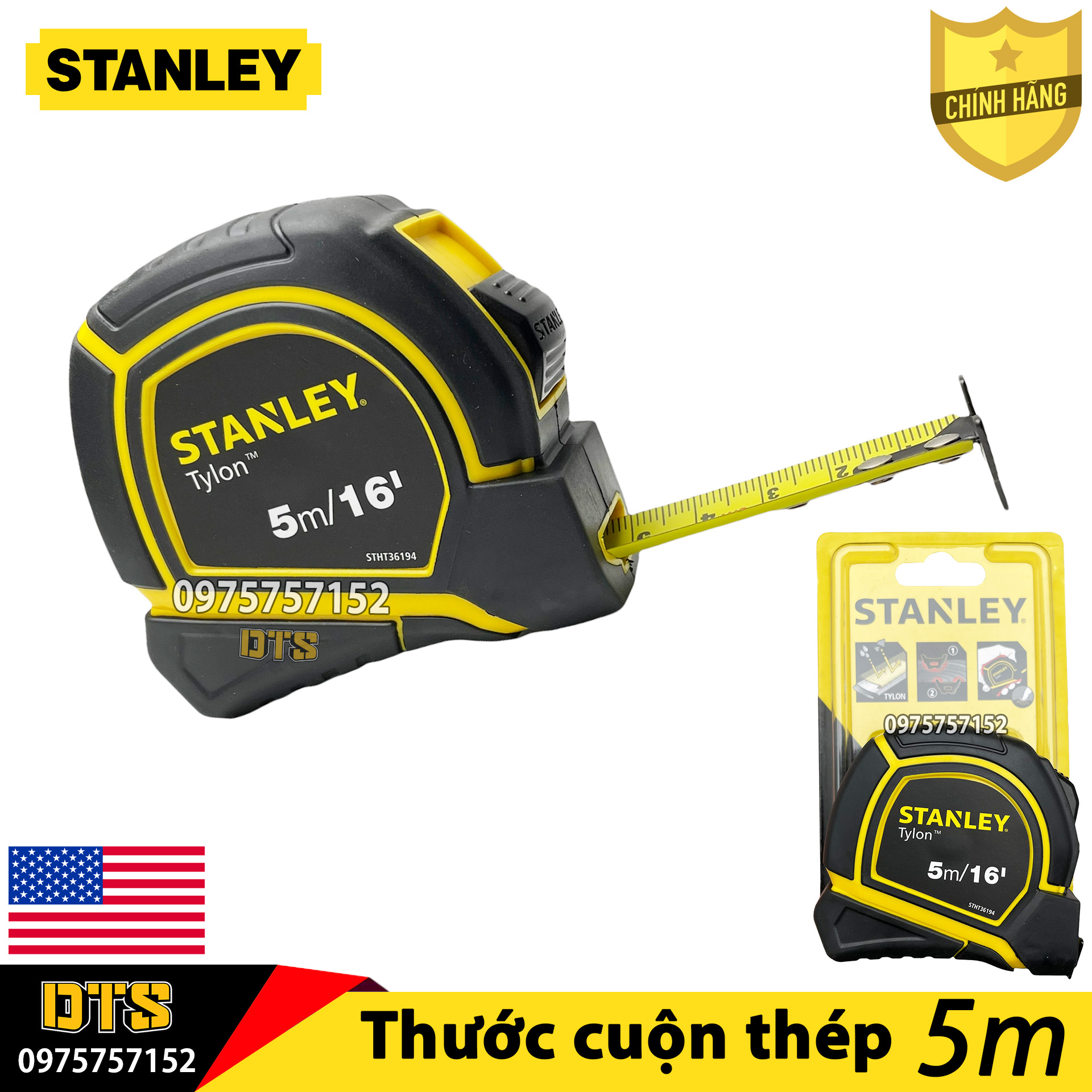 Thước cuộn thép 5m TYLON hãng STANLEY Mỹ, thước kéo thép nền vàng lưỡi khắc laser phủ NYLON siêu nét, vỏ bọc cao su ABS chống va đập, vạch chia chính xác tuyệt đối, thước rút thép, thước dây thép, thước mét, thuoc cuon, thuoc keo