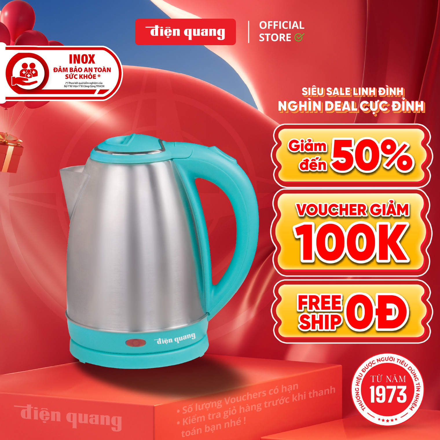 Ấm đun nước siêu tốc Điện Quang ĐQ EKT14 - Dung tích lớn 1.8L, công suất 1500W, đế xoay 360°, tự ngắt điện khi sôi. BH 12 tháng