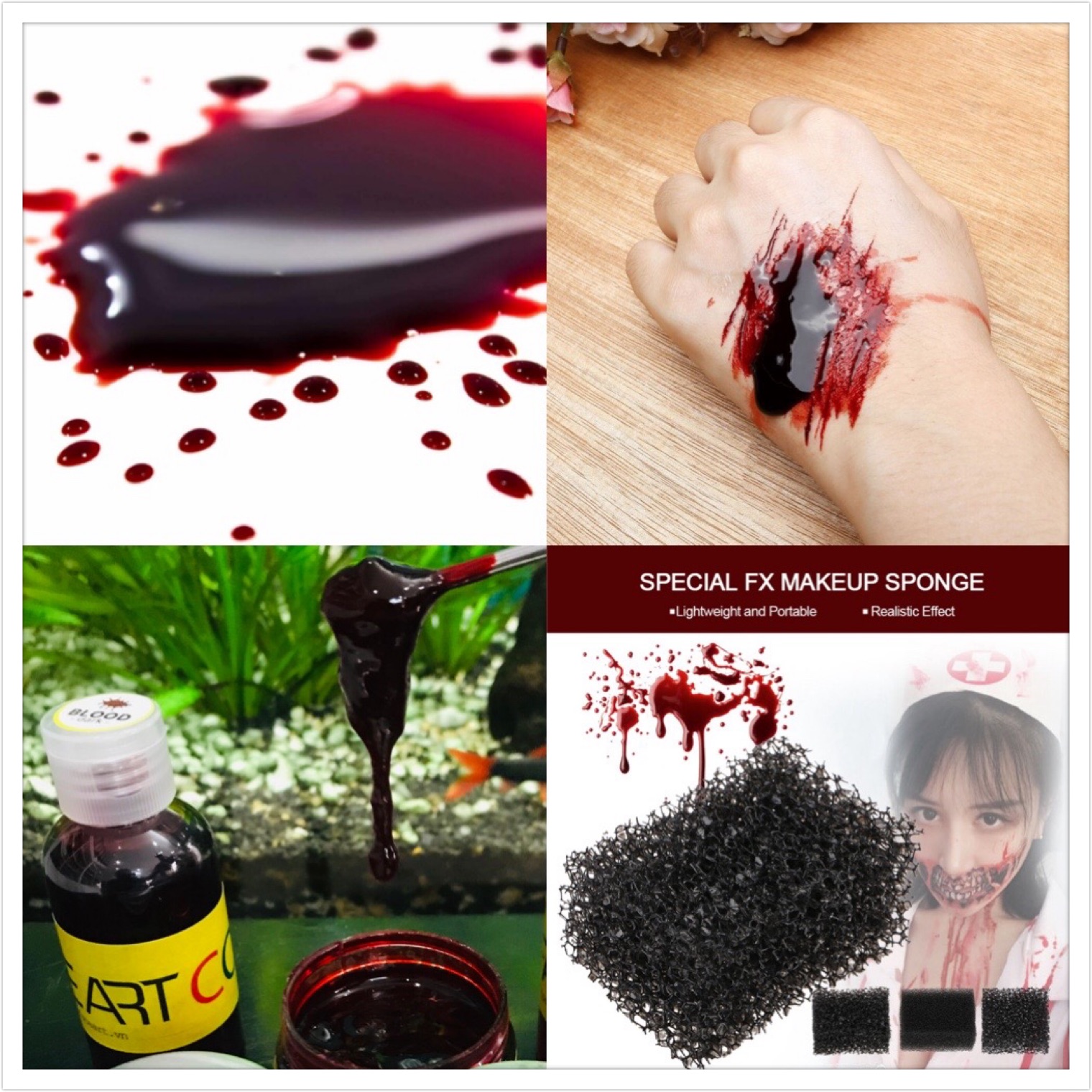 Dụng cụ hoá trang HALLOWEEN- Đầy đủ dụng cụ hoá trang vết thương: răng nanh nhọn, màu đỏ, sáp làm vết thương, LIQUID latex, thâm tím