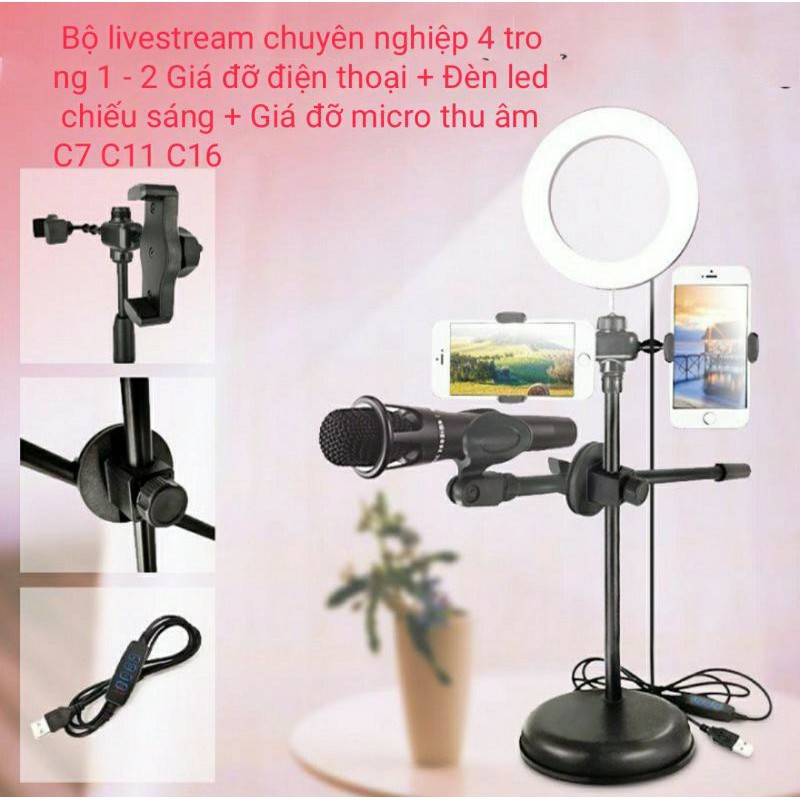 Ivn174 Giá đỡ LiveStream 4 in 1, giá đỡ LiveStream kẹp 2 điện thoại, có đèn và Mic