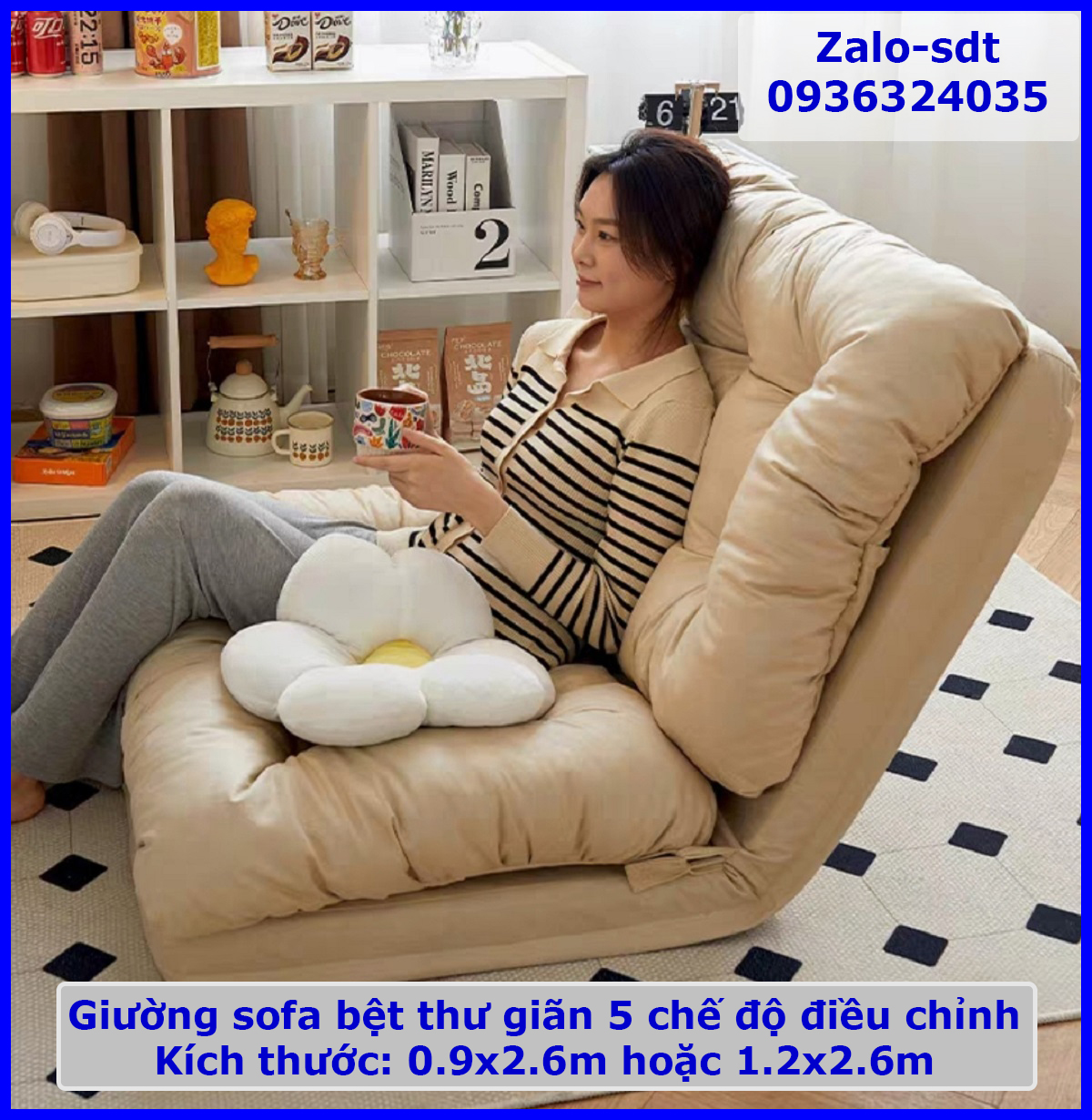 Giường sofa bệt thư giãn 5 chế độ điều chỉnh, sofa lười nệm êm ái vải nano chống thấm chống bụi KT:0.9x2.6m hoặc 1.2x26m