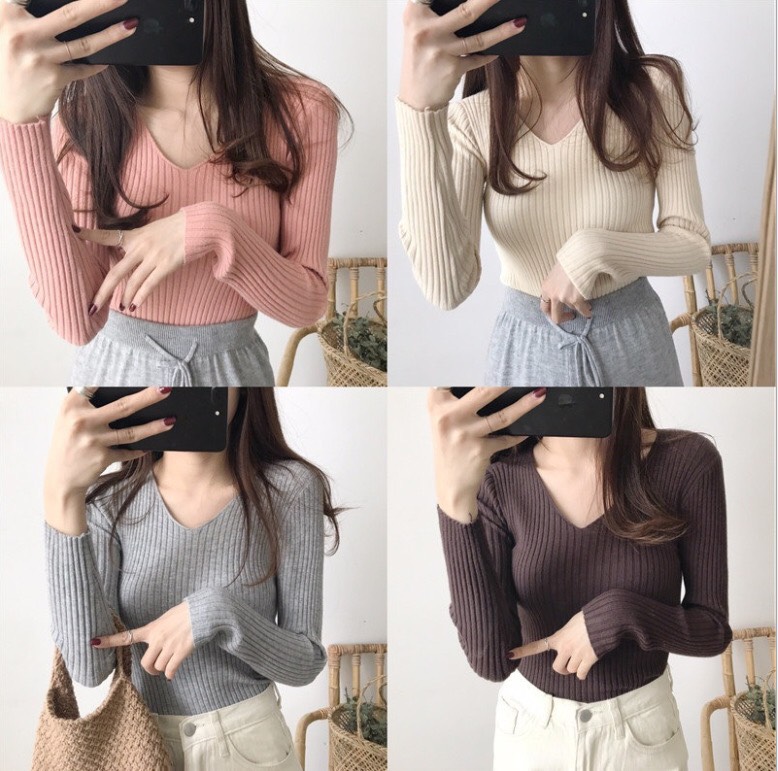 Áo len tăm tay dài ôm dáng siêu mềm ❤ áo len cổ tim mềm mại hàng quảng châu