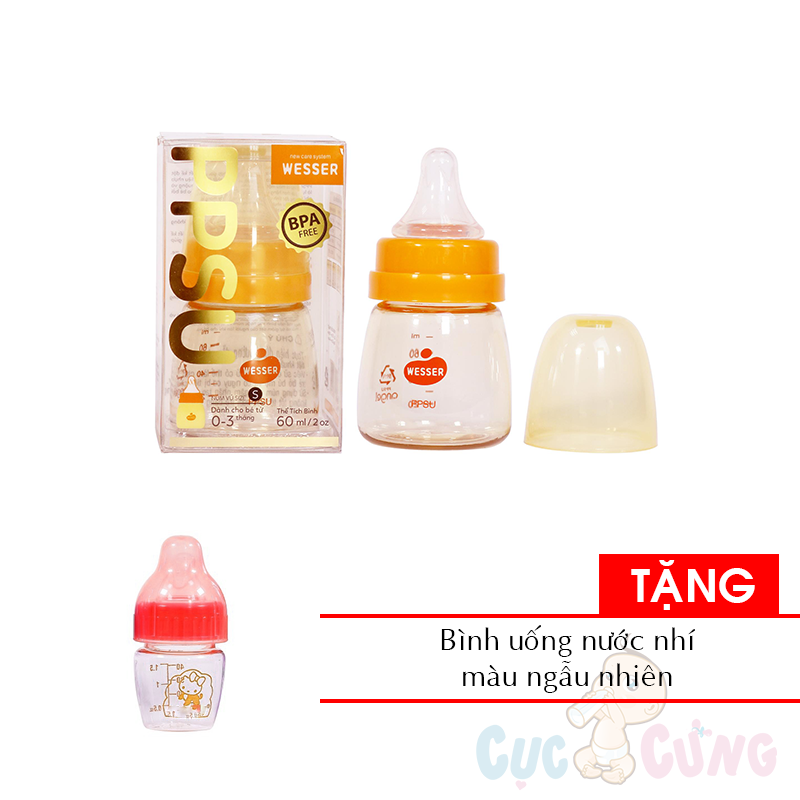 Bình sữa Wesser PPSU cổ nhỏ 60ml Tặng 1 bình uống nước nhí màu ngẫu nhiên - binh sua