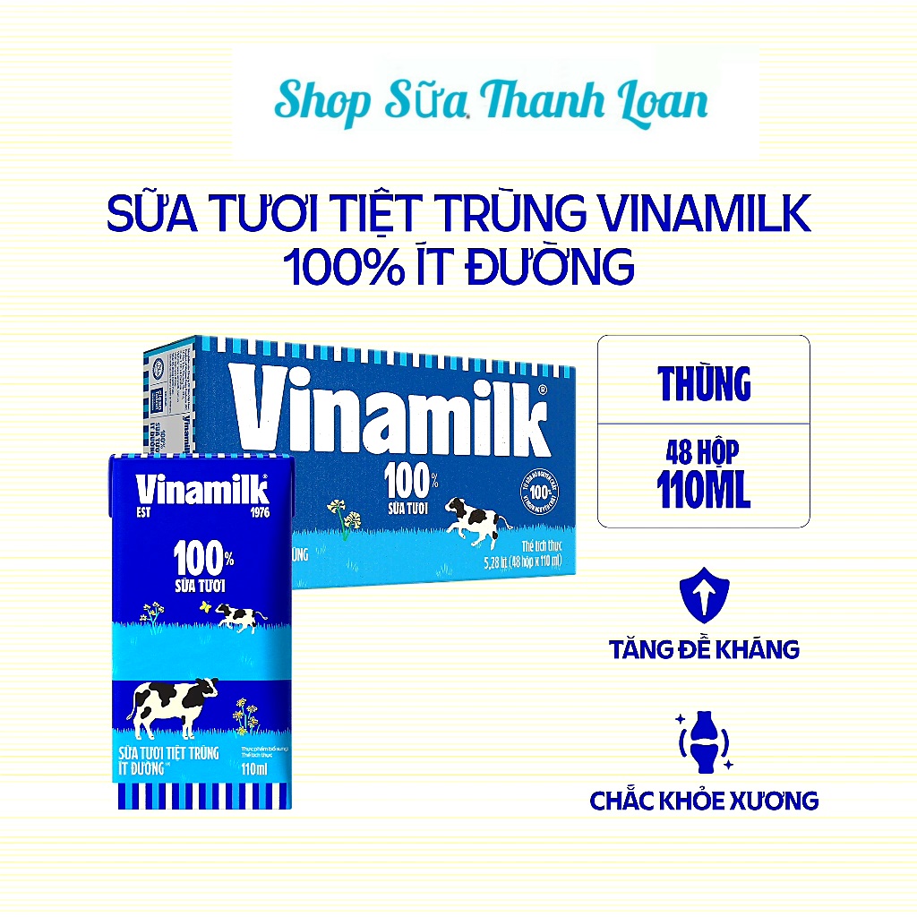 (HSD T12-2024) Thùng 48 Hộp Sữa Tươi Tiệt Trùng VINAMILK 100% ÍT ĐƯỜNG 110ML.
