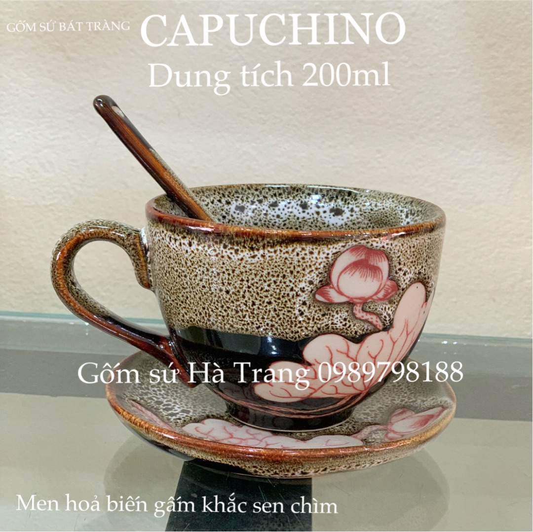 Set cốc đĩa capuchino gốm sứ Bát Tràng cao cấp  men hoả biến gấm khắc sen chìm