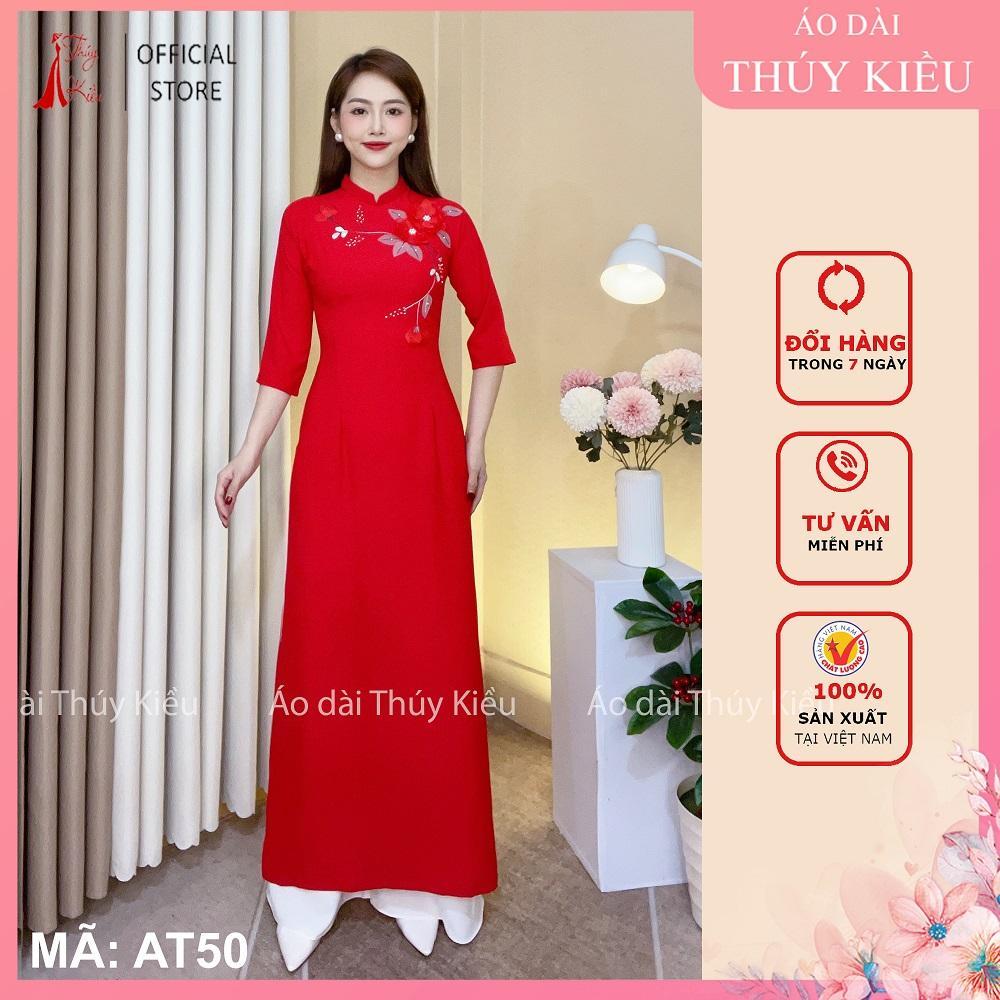AT50 Áo dài Thuý Kiều lụa mỹ nền đỏ đính hoa voan đỏ truyền thống may sẵn dự tiệc hội họp đám cưới