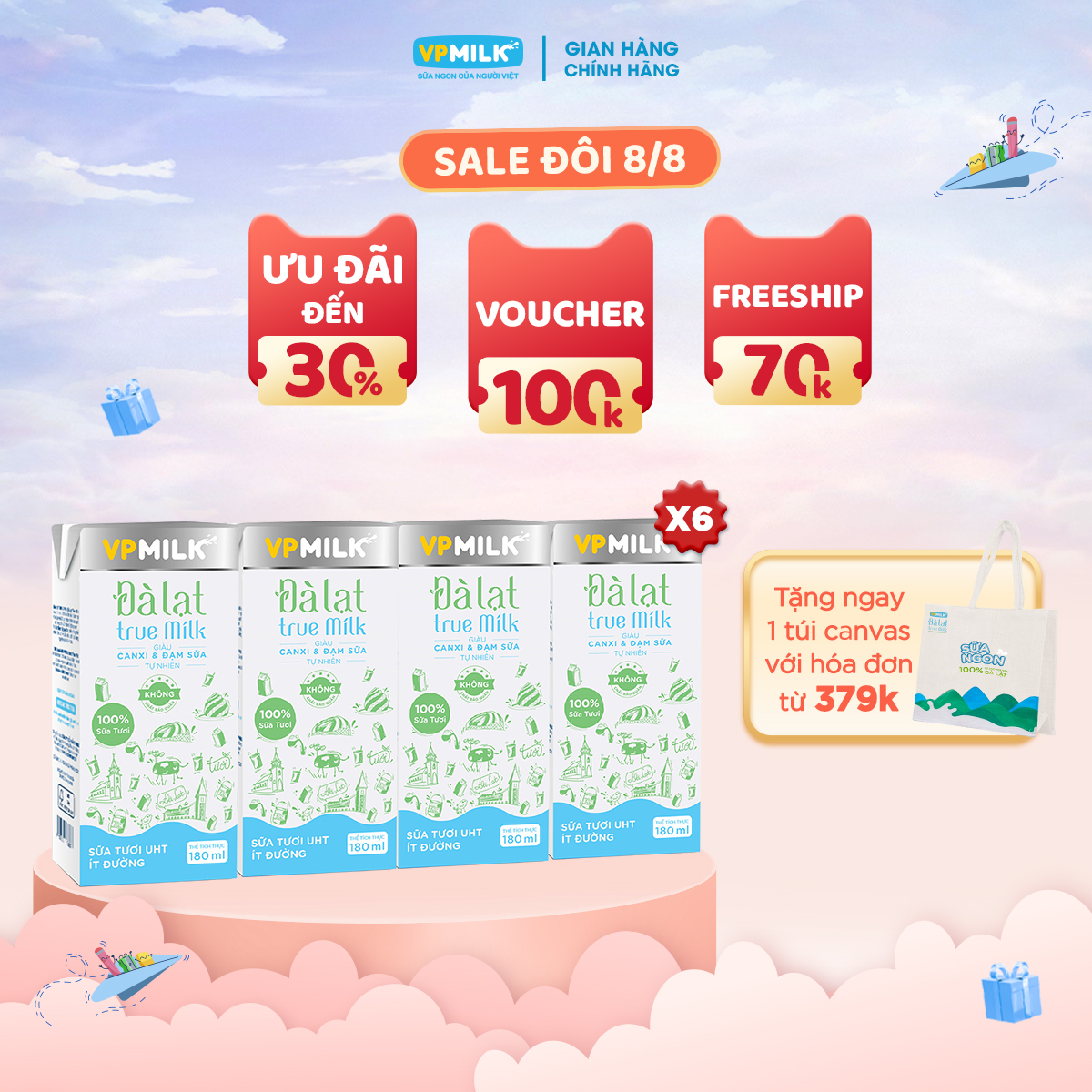 Sữa tươi nguyên chất uht đà lạt true milk ít đường vpmilk