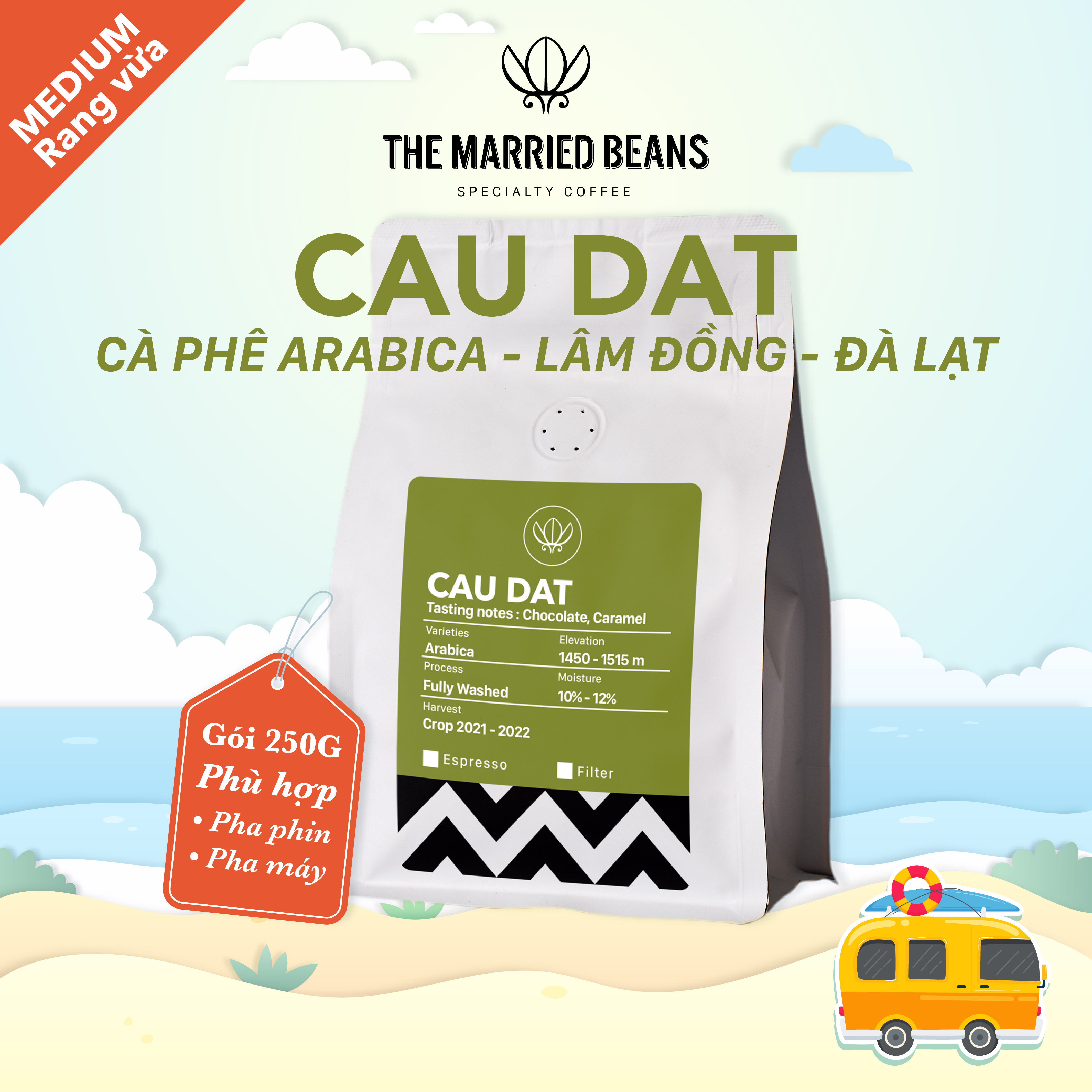 Cà phê đặc sản rang mộc Arabica 100% Cầu Đất, rang vừa (espresso, phin) THE MARRIED BEANS (Túi 250gr)