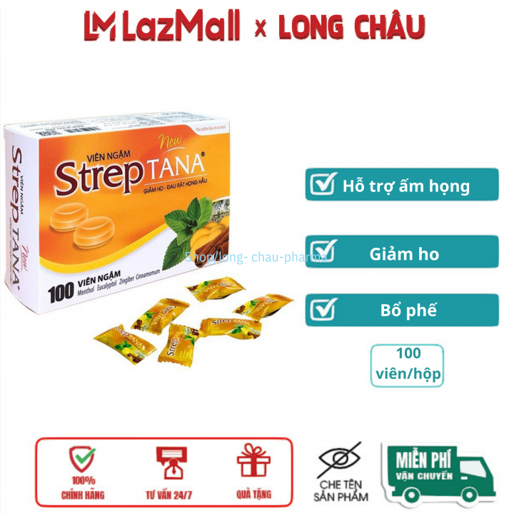  Kẹo ngậm ho Strep Tana giúp giảm ho long đờm giảm khàn tiếng  hộp 100 viên 