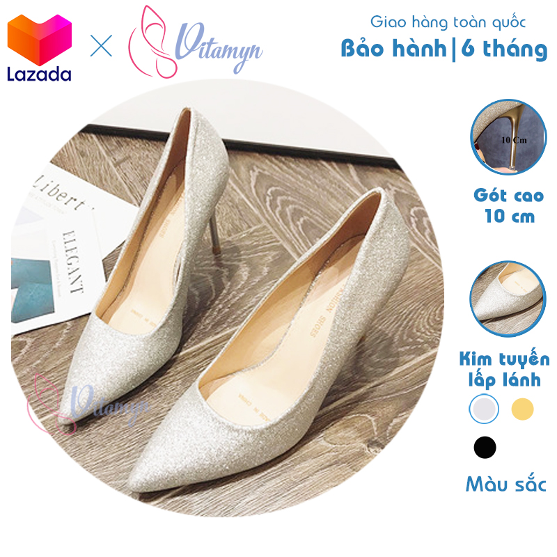 [HCM]Giày Cao gót mũi nhọn đính kim tuyến sang trọng thời trang