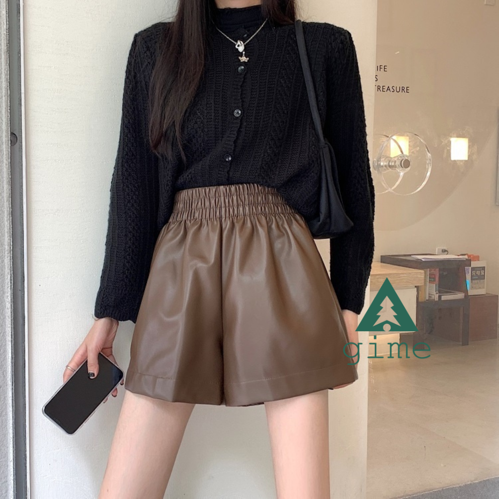 Quần sooc da nữ cạp chun ống rộng quần đùi da nữ dáng xòe màu đen màu nâu thời trang cao cấp