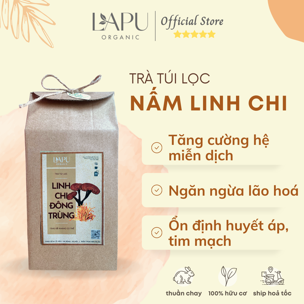 Trà nấm linh chi, đông trùng hạ thảo, táo đỏ LAPU ORGANIC - Trà túi lọc giúp bồi bổ sức khoẻ, tăng sức đề kháng