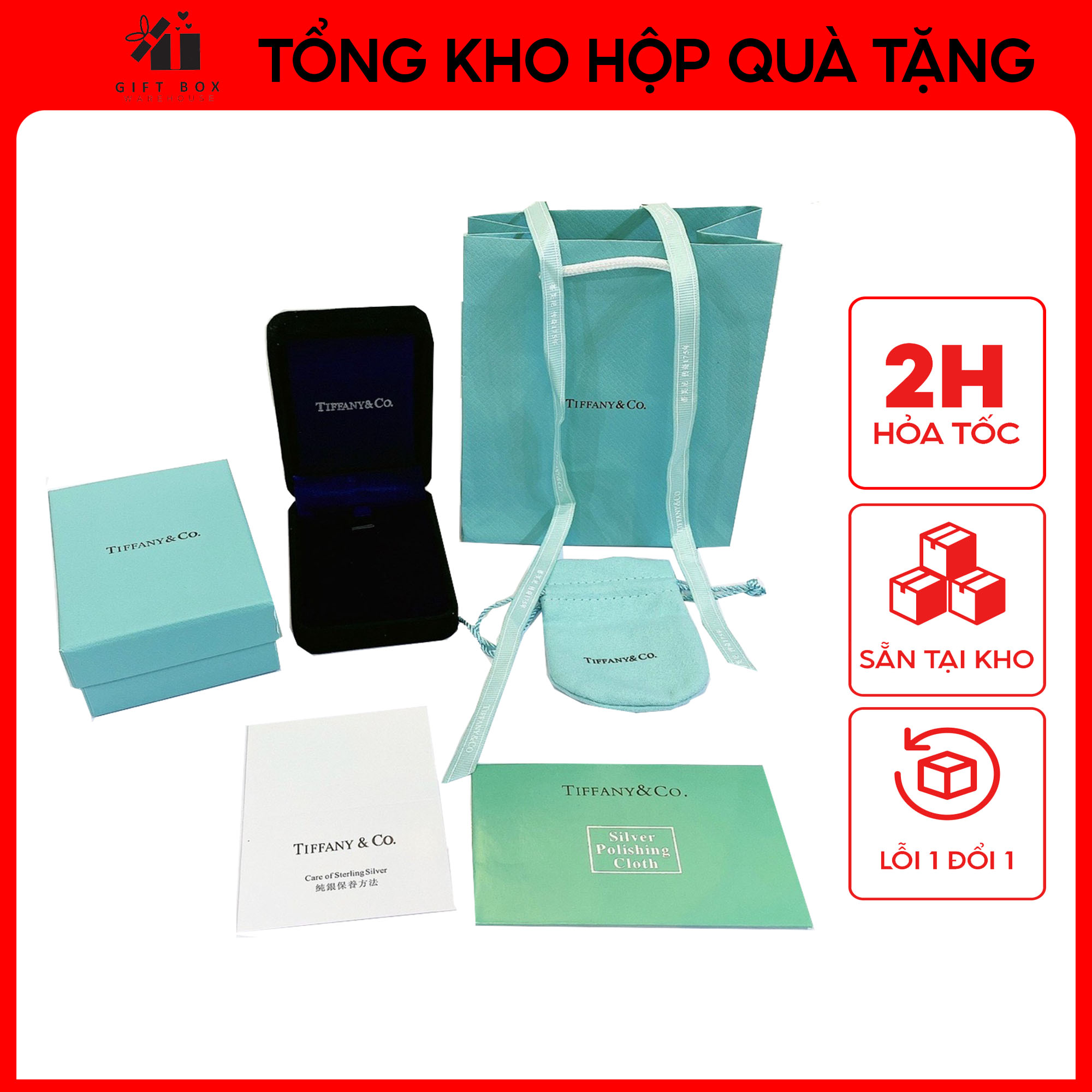 Bộ túi hộp tiffany nhung cao cấp đựng quà tặng, trang sức full set đầy đủ hộp, túi xách