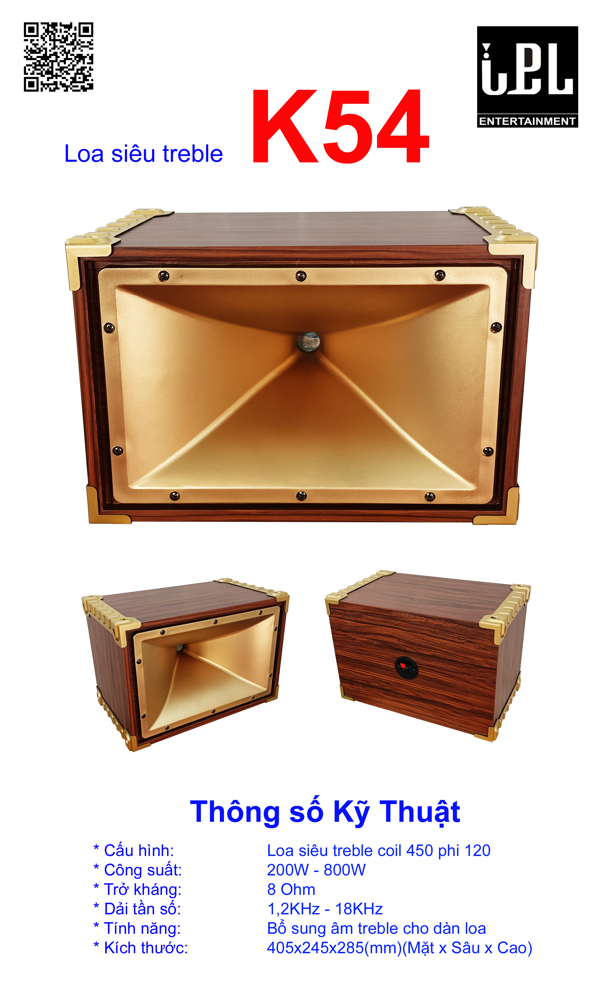 1 đôi Loa treble kèn 450 , Thùng gỗ có phân tần chống cháy , loa siêu tép rời sang trọng K54, K53
