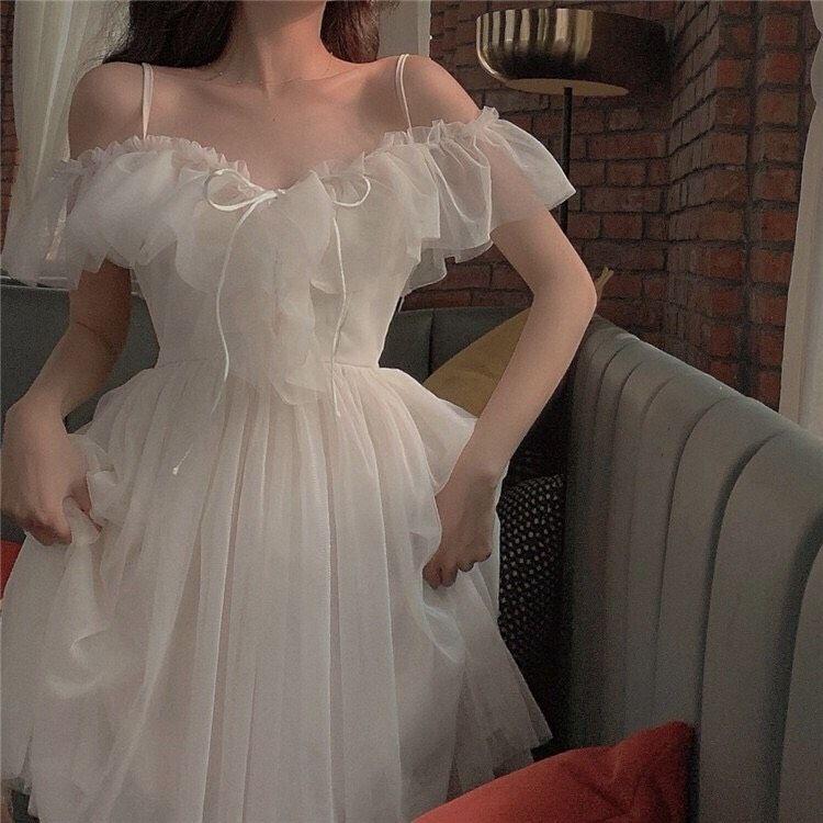 Đầm trắng trễ vai tiểu thư công chúa Váy trắng xoè bồng sang chảnh   MixASale