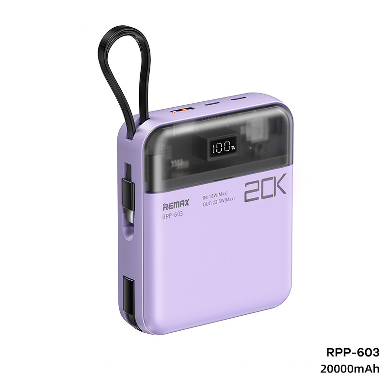 Pin dự phòng Remax RPP-603 20000mAh tích hợp 2 cáp sạc nhanh có sạc dòng thấp cho tai nghe AP - QC 22.5W và PD 20W  Nhất Tín Computer