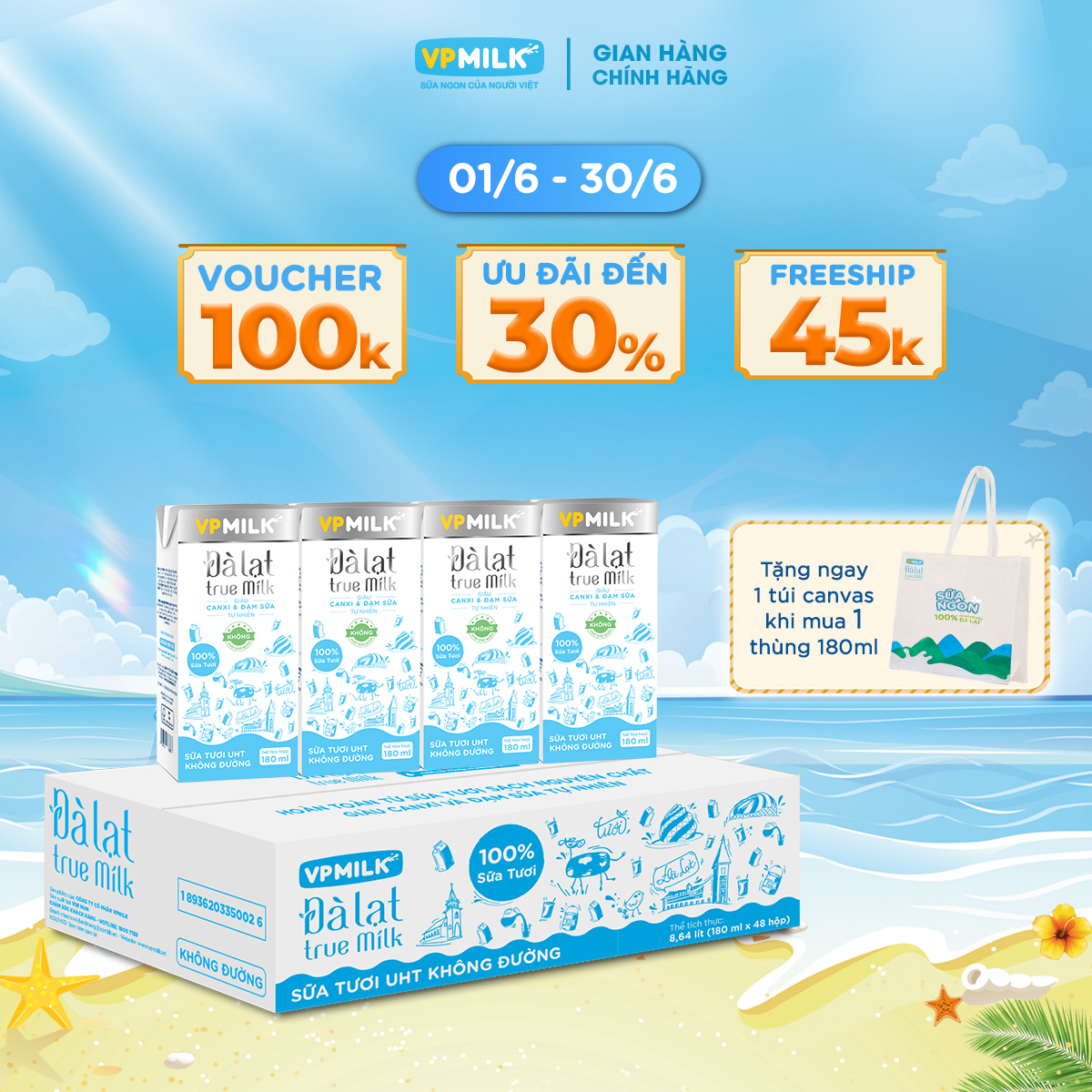 [Thùng 48 hộp 180ml] Sữa Tươi Nguyên Chất UHT Đà Lạt True Milk Không Đường VPMilk