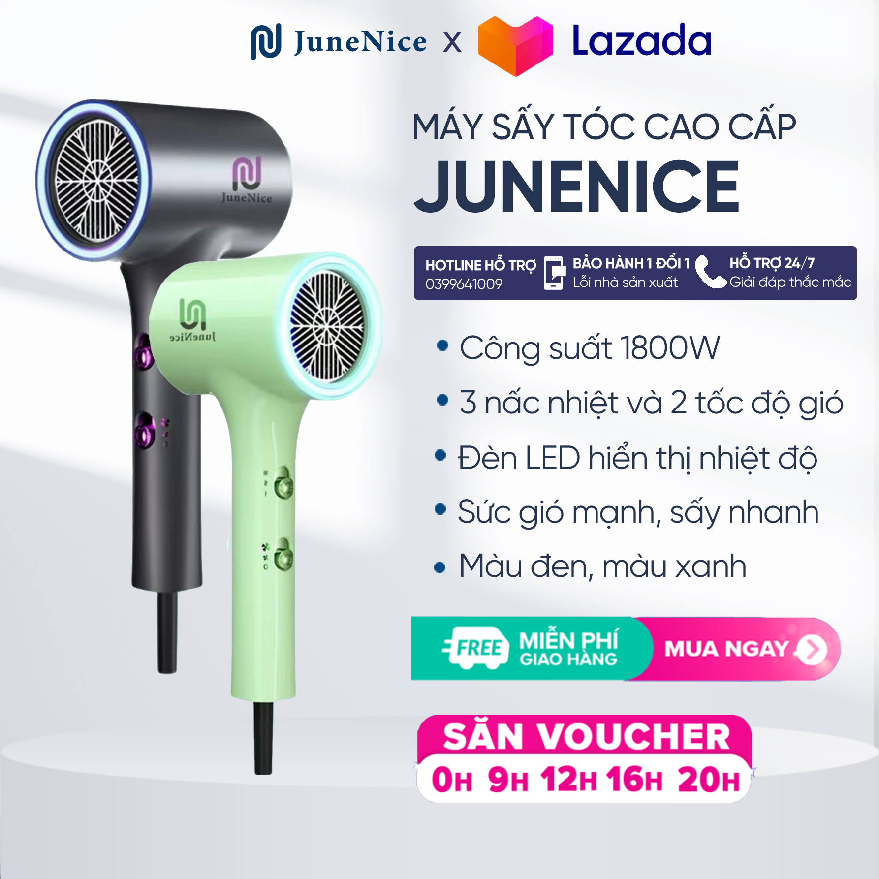 Máy sấy tóc cao cấp junenice, bản nâng cấp, công suất lớn thiết kế đèn led chạy vòng biểu thị nhiệt độ độc đáo