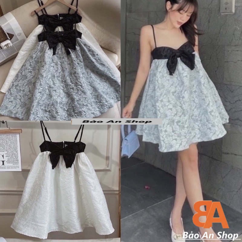 Đầm babydoll vải gấm phối nơ