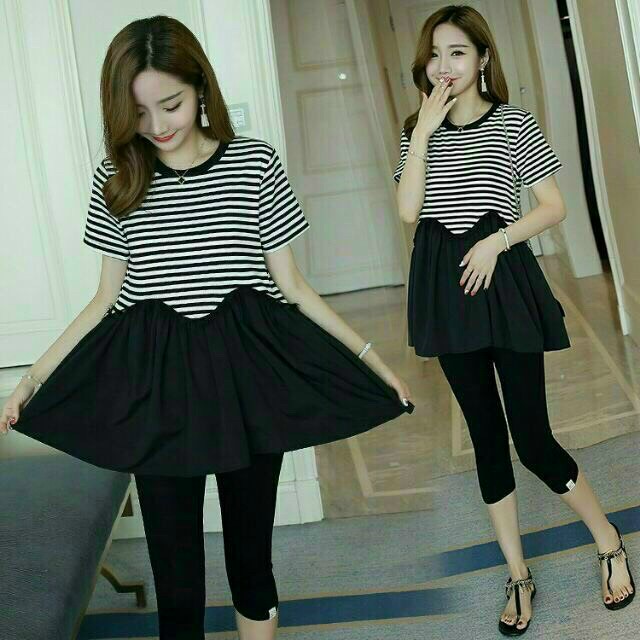 Áo bầu thời trang pha kẻ dấu bụng cho mẹ bầu