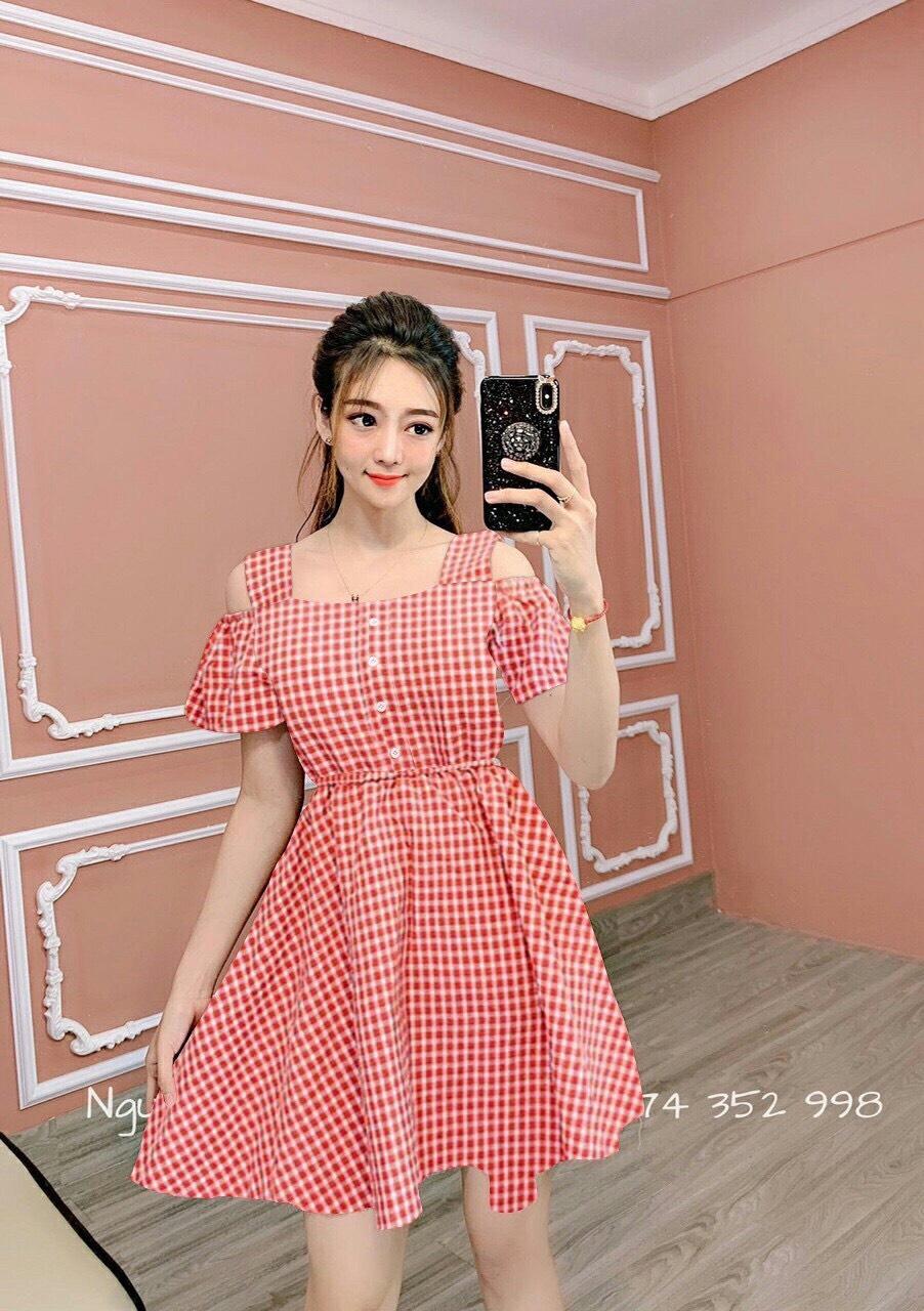 Đầm dáng xòe caro vải thun ad