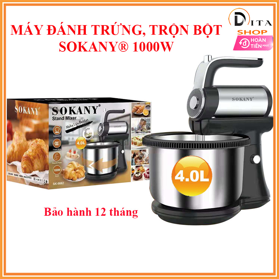 Máy đánh trứng, trộn bột để bàn SOKANY 1000W chính hãng, 5 tốc độ, thố Inox 4L dày, que trộn cứng cáp. Máy trộn bột đánh trứng, bánh kem trộn đa năng