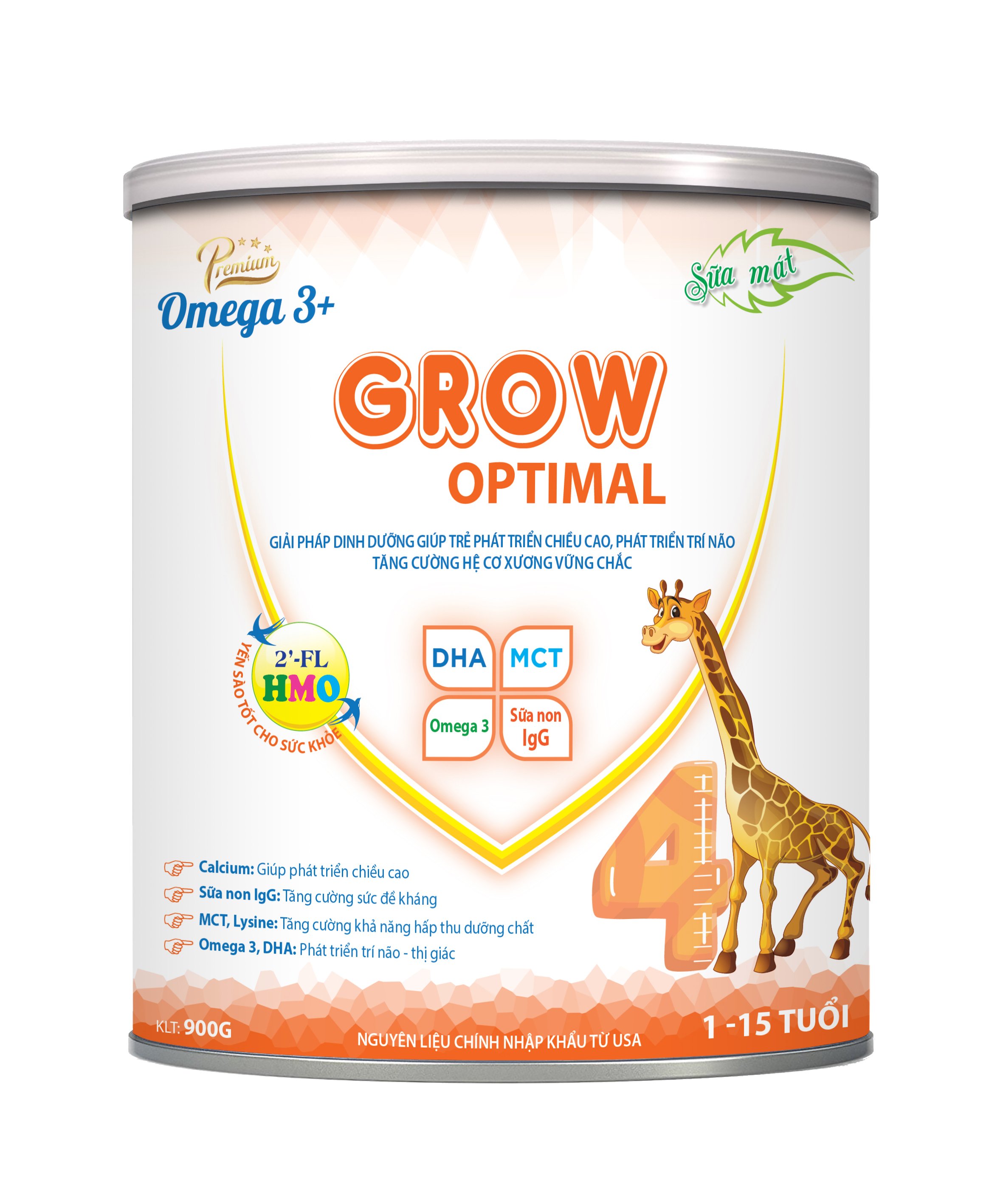 Sữa bột Omega 3+ Grow Optimal phát triển chiều cao, trí não, tăng cường hệ cơ xương vững chắc cho trẻ 1-15 tuổi Hộp 900g