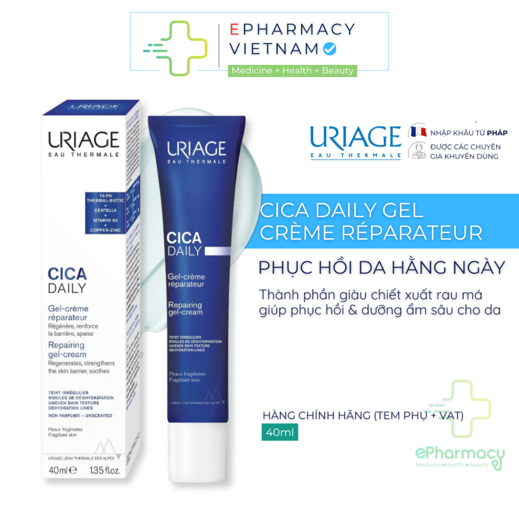 Kem Dưỡng Ẩm URIAGE BARIEDERM CICA DAILY GEL CREAM 40ml chăm sóc da kích ứng, làm lành và phục hồi da 40ml