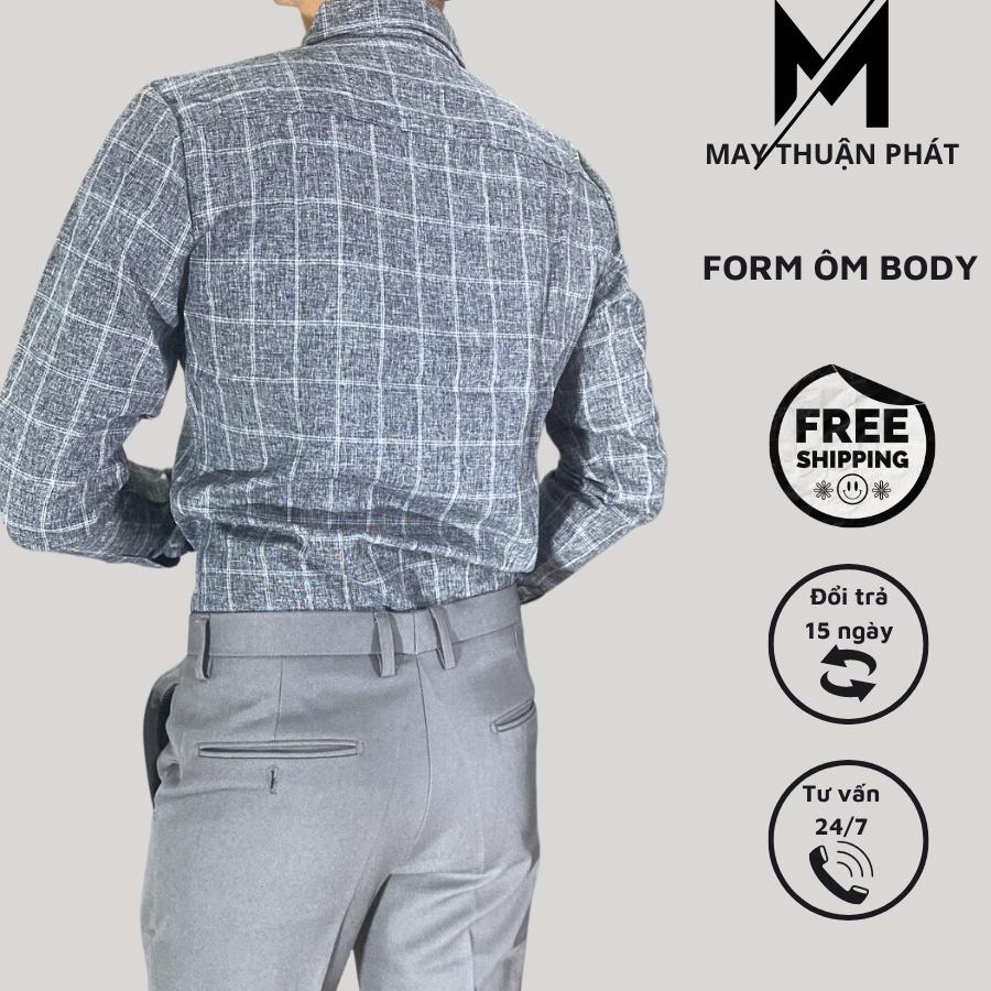 Áo sơ mi nam kẻ caro dài tay chất đũi. Sơ mi đũi dài tay kiểu dáng ôm slimfit