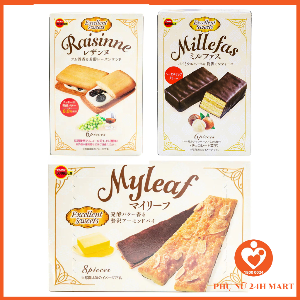 Bánh Quy Bourbon Nhật đủ vị Socola đen Millefas, Raisinne bơ kẹp nho khô, My Leaf bơ hạnh nhân T9/2024