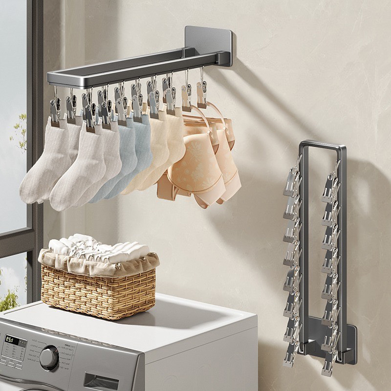 Giá 12 kẹp treo tất treo đồ lót gắn tường có thể gập lại giá phơi đồ gắn tường móc treo vớ treo đồ lót