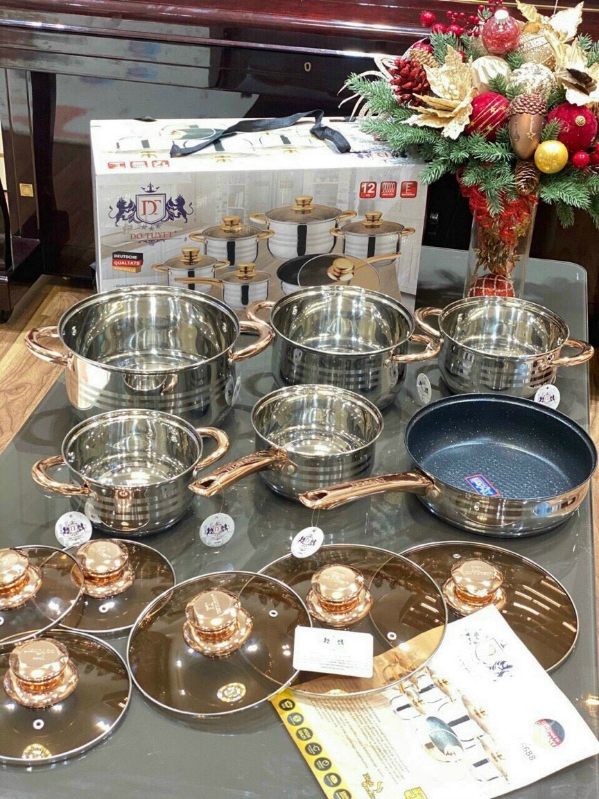 [HOT SALE] Bộ nồi đức vung kính, 6 món 12 chi tiết, thương hiệu Đức - Đẹp không tì vết ! - Dùng được cho mọi loại bếp, đặc biệt là bếp từ