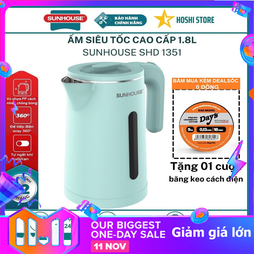 Ấm siêu tốc sunhouse shd 1351 - bình đun nước siêu tốc 2 lớp cao cấp, công suất 1500w, dung tích 1.8l, cách nhiệt chống giật tiết kiệm điện năng, ấm đun nước siêu tốc, ấm siêu tốc cao cấp, ấm đun nuoc sieu toc