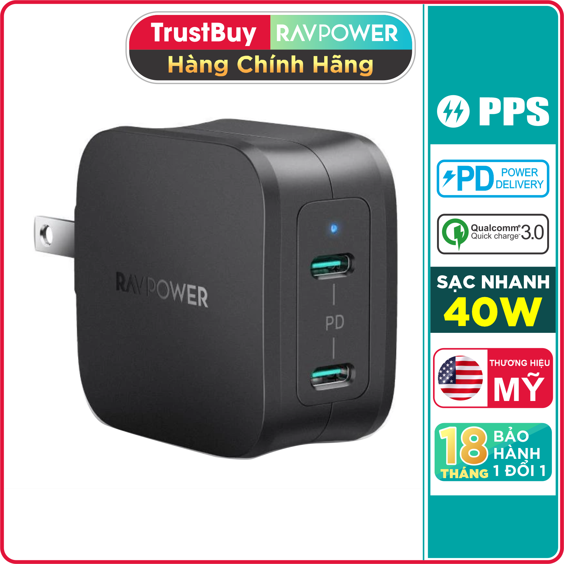 Adapter Củ Sạc Nhỏ Gọn 2 Cổng Type-C PD 3.0 & QC 3.0 40W, PPS 25W RAVPower RP-PC152 - Hàng Chính Hãng