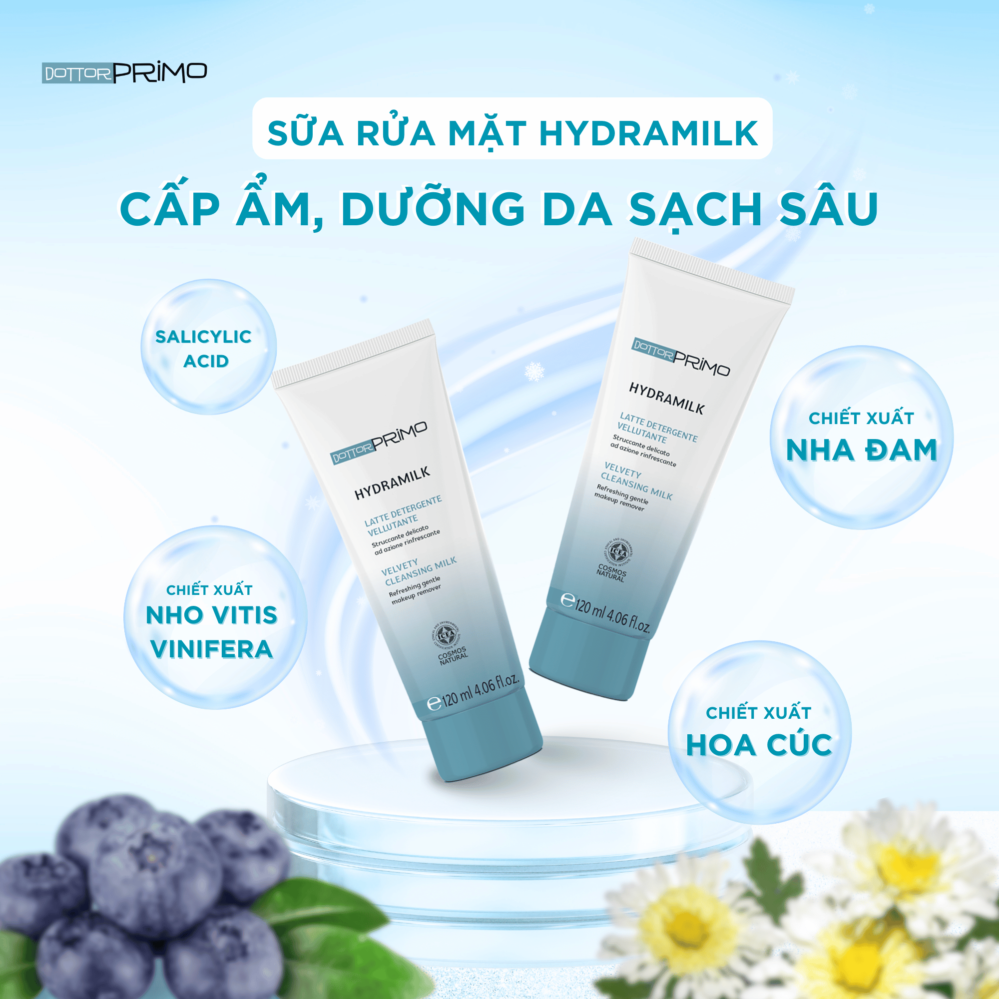 Sữa rửa mặt hữu cơ DottorPrimo Hydramilk 120ml dưỡng ẩm sâu làm sạch dịu nhẹ an toàn cho da nhạy cảm