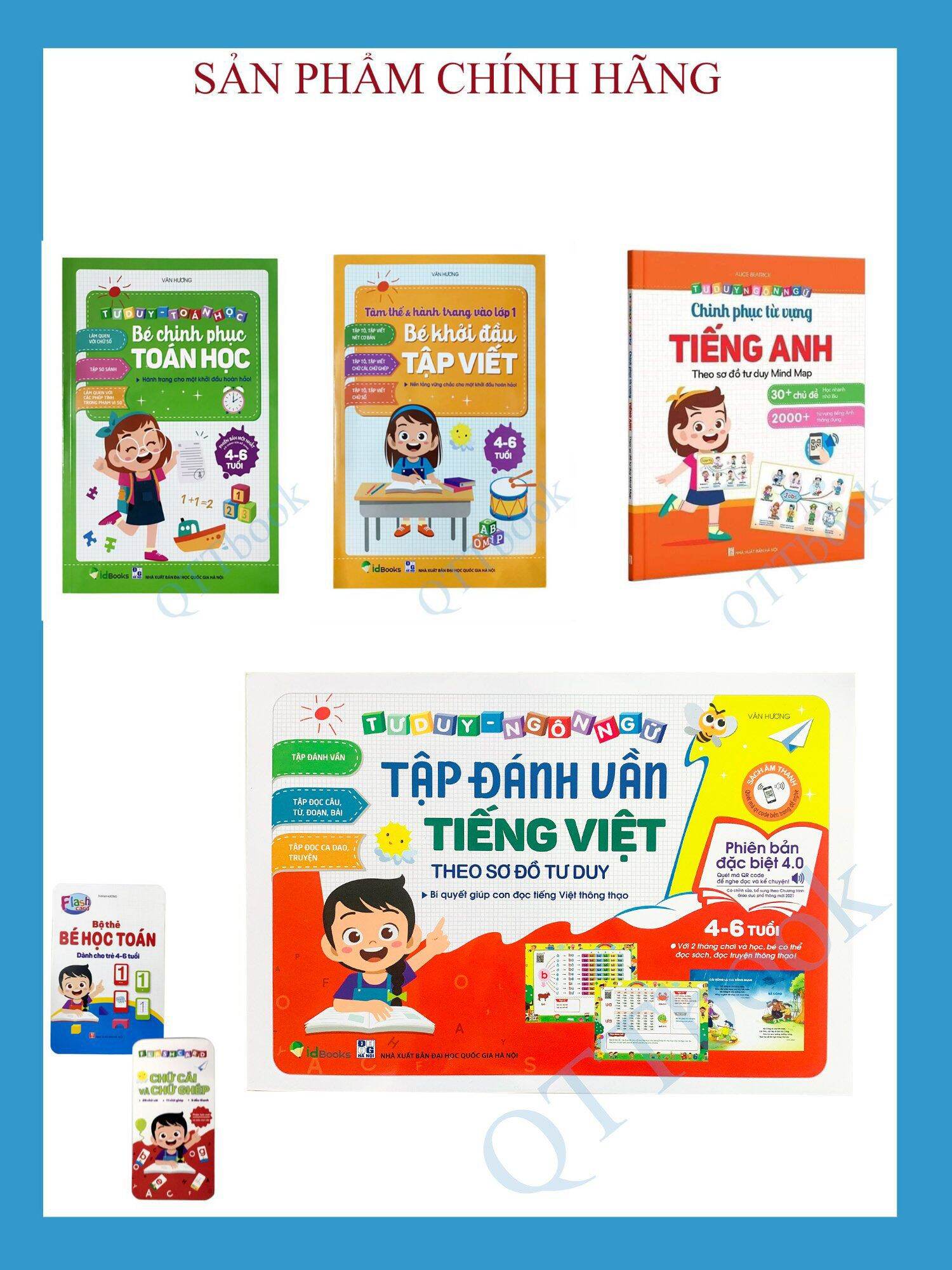 SÁCH - combo 4 quyển : tập đánh vần theo sdtd phiên bản 4.0 + bé chinh phục toán học+ bé khởi đầu tập viết + chinh phục từ vựng tiếng anh + tặng kèm bộ thẻ bé học toán và bộ chữ cái, chữ ghép