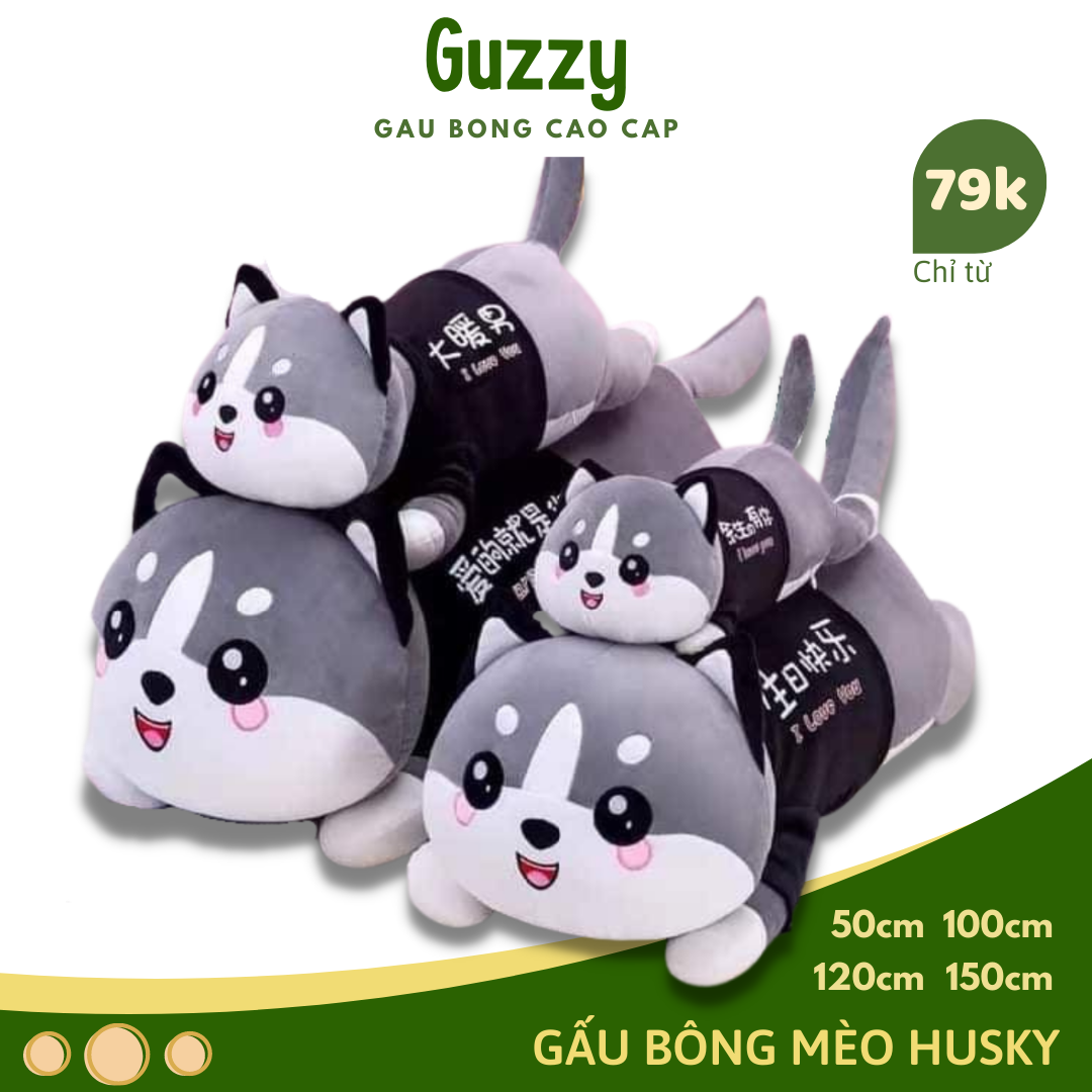 Gấu Bông Mèo Husky, Gối Ôm hình thú nhồi bông Con Mèo Đáng Yêu Cho Bé, Vải Bông Mềm Mịn Co Giãn 4 Chiều