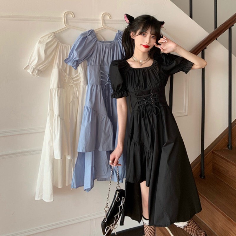 Váy suông cổ vuông lệch tầng dáng dài ulzzang/ Váy nữ ngắn tay đan dây eo mặc 2 kiểu - xuongmaythuhien