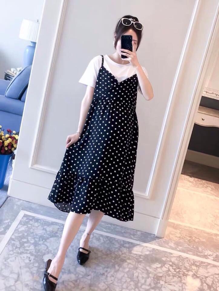 Váy bầu cặp chấm bi suông dài