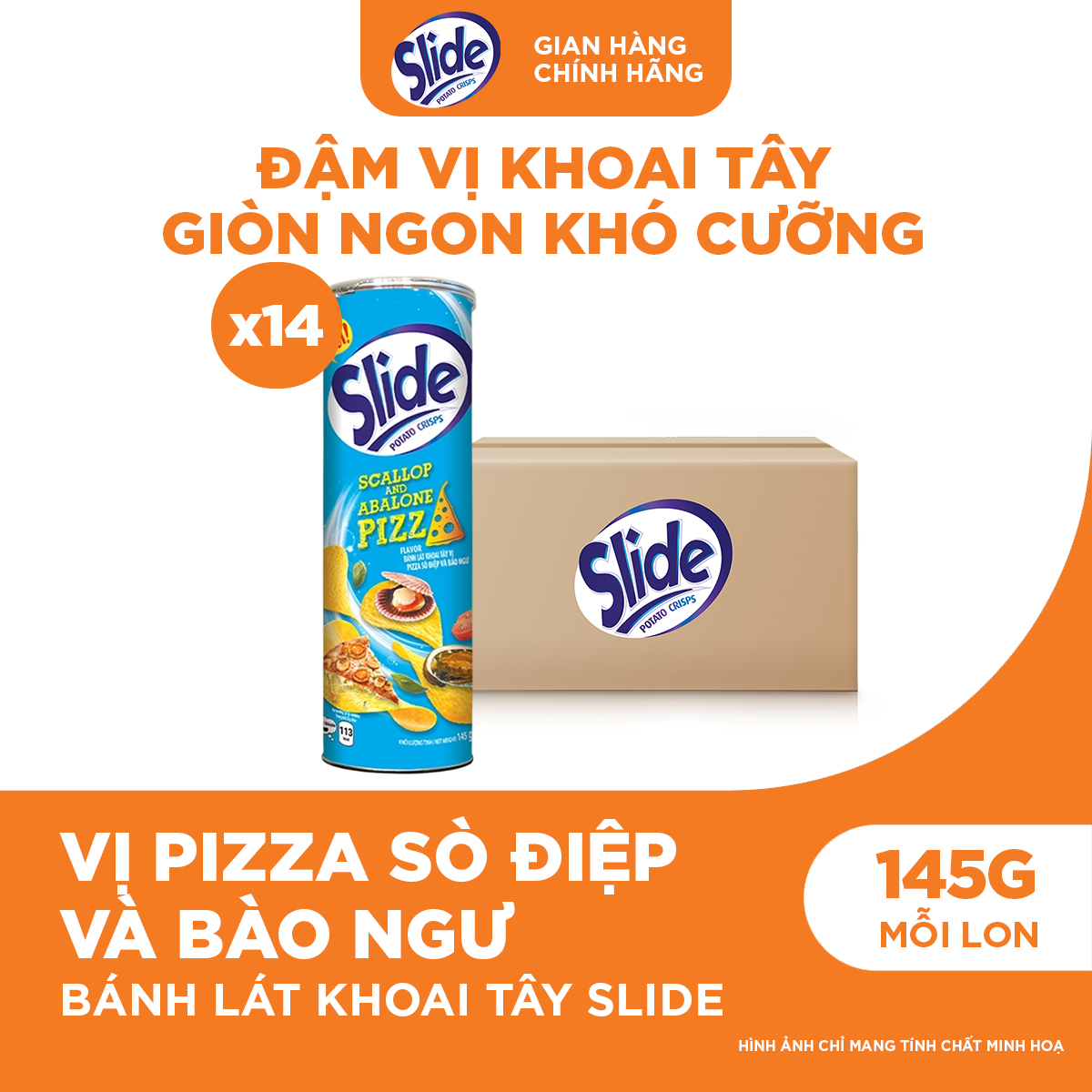 Thùng 14 Lon Bánh Lát Snack Khoai Tây Slide Vị Pizza Sò Điệp Và Bào Ngư 145g