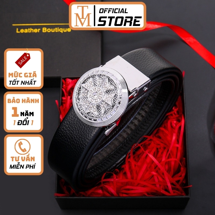 Thắt lưng nam da cao cấp mặt xoay đính đá khoá tự động sang trọng