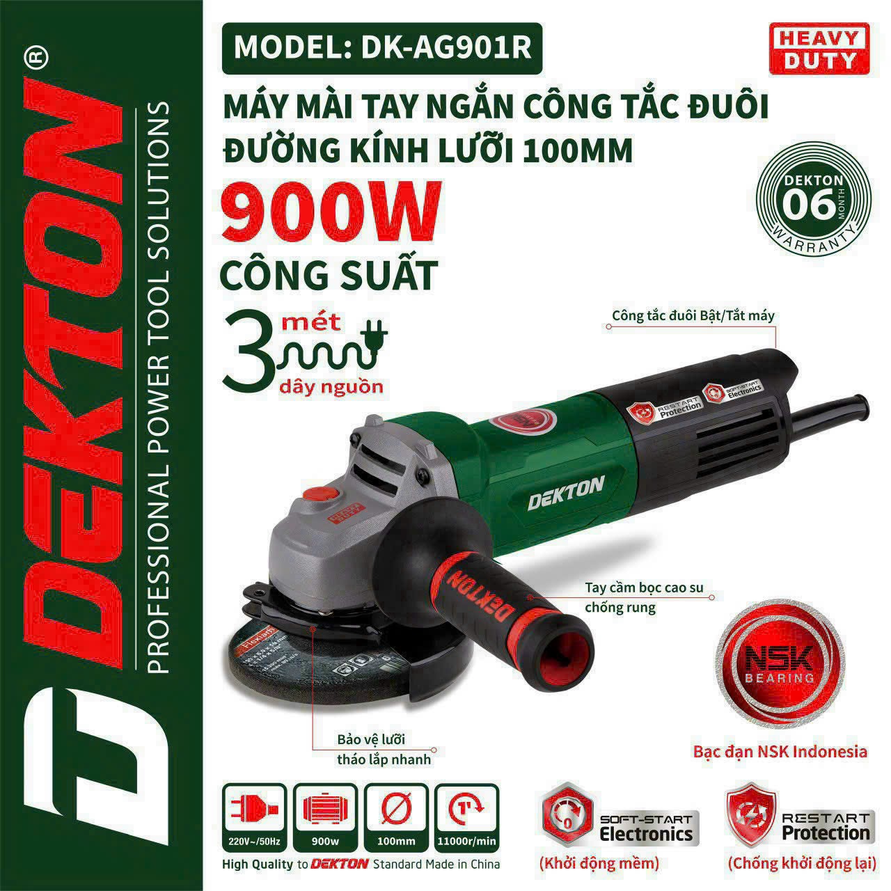Máy mài góc 100mm dekton 900w / dk-ag901r / công tắc đuôi / chức năng chống khởi động lại/tặng kèm 6 đá cắt