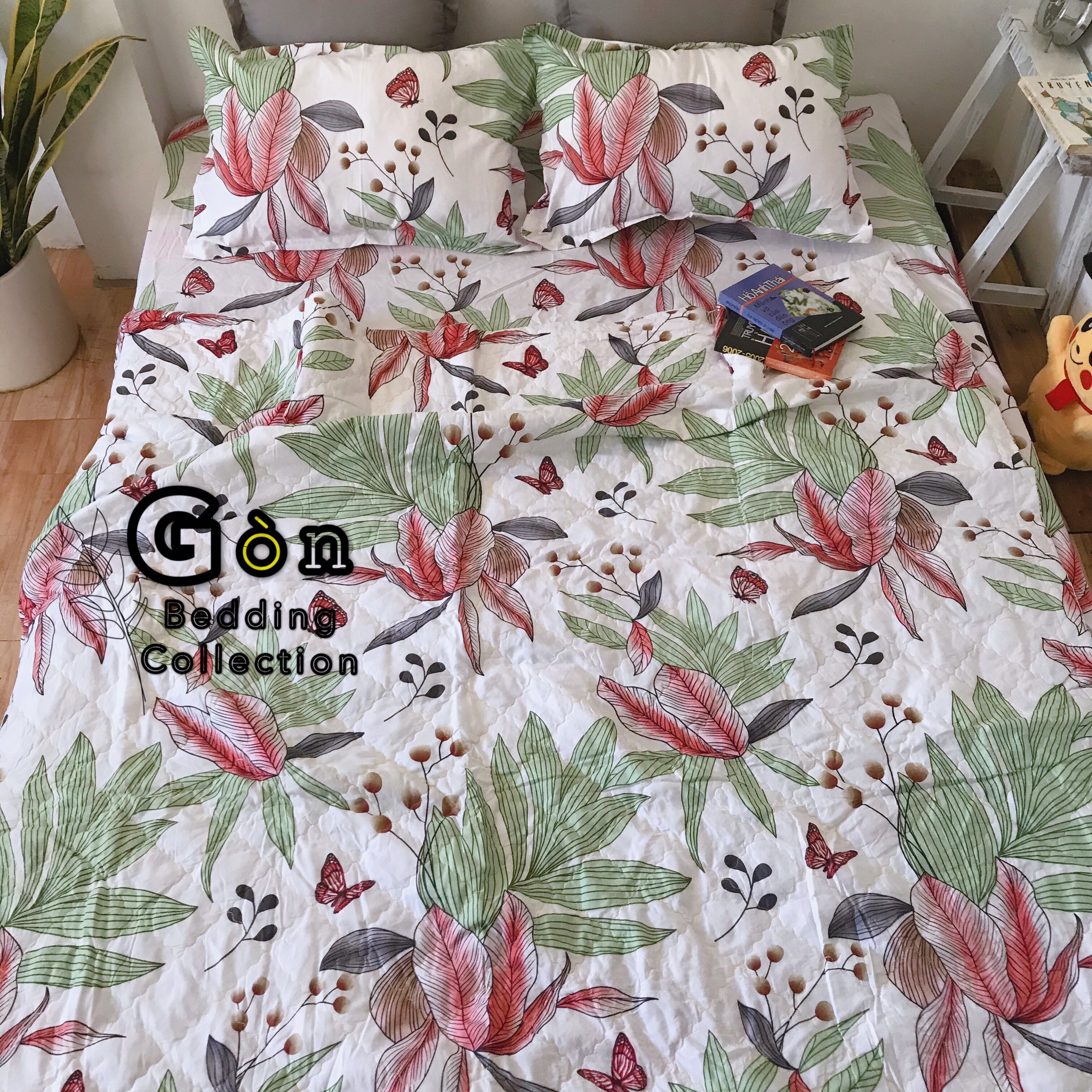 Bộ Chăn Ga Gối Cotton Poly , Hoa Riềng , Chất Liệu Thoáng Mát , Kích Cỡ Đa Dạng , By. Gòn
